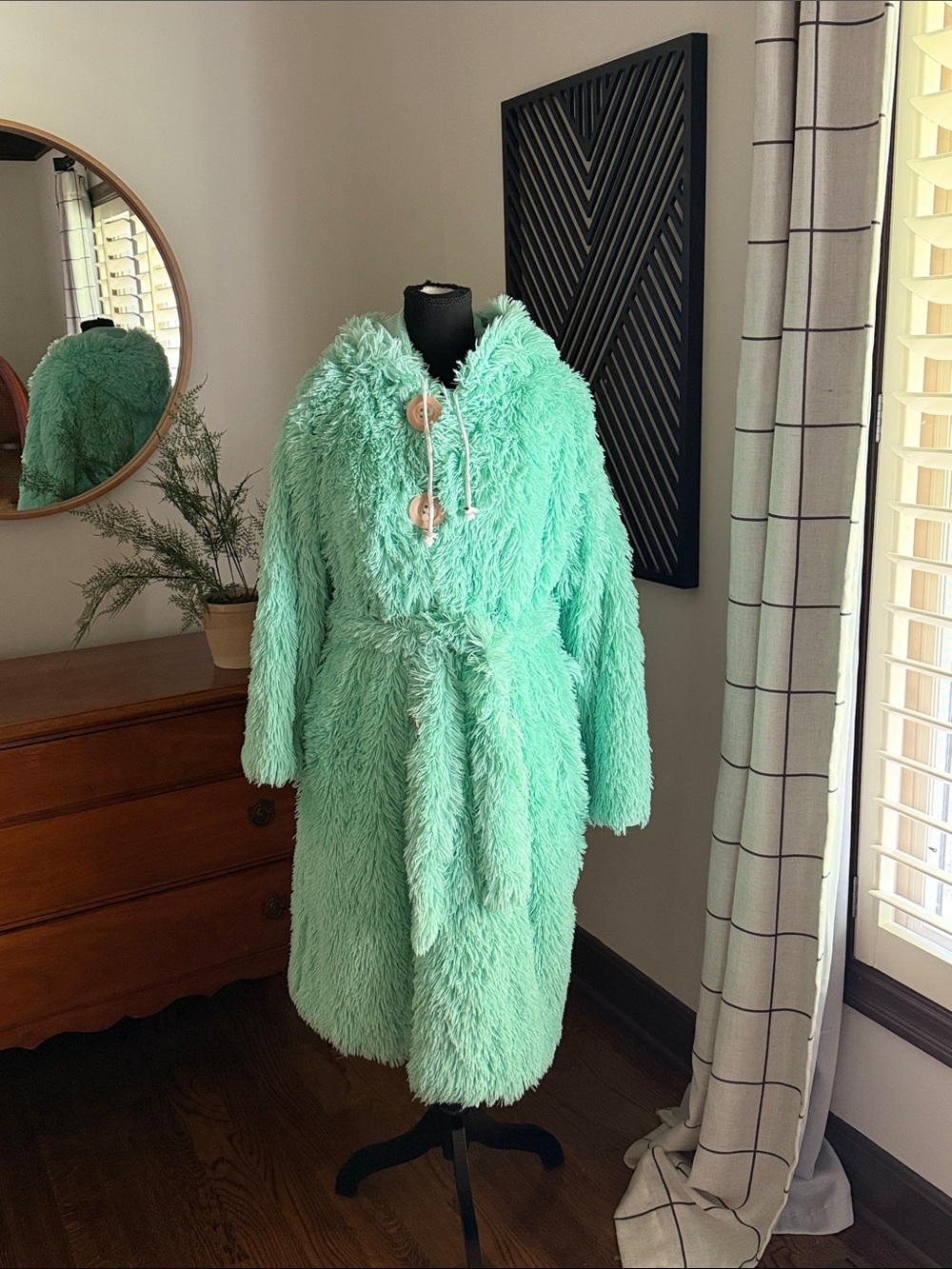 Plush Mint Green Faux Fur Hooded robe with Toggle Buttons medium
